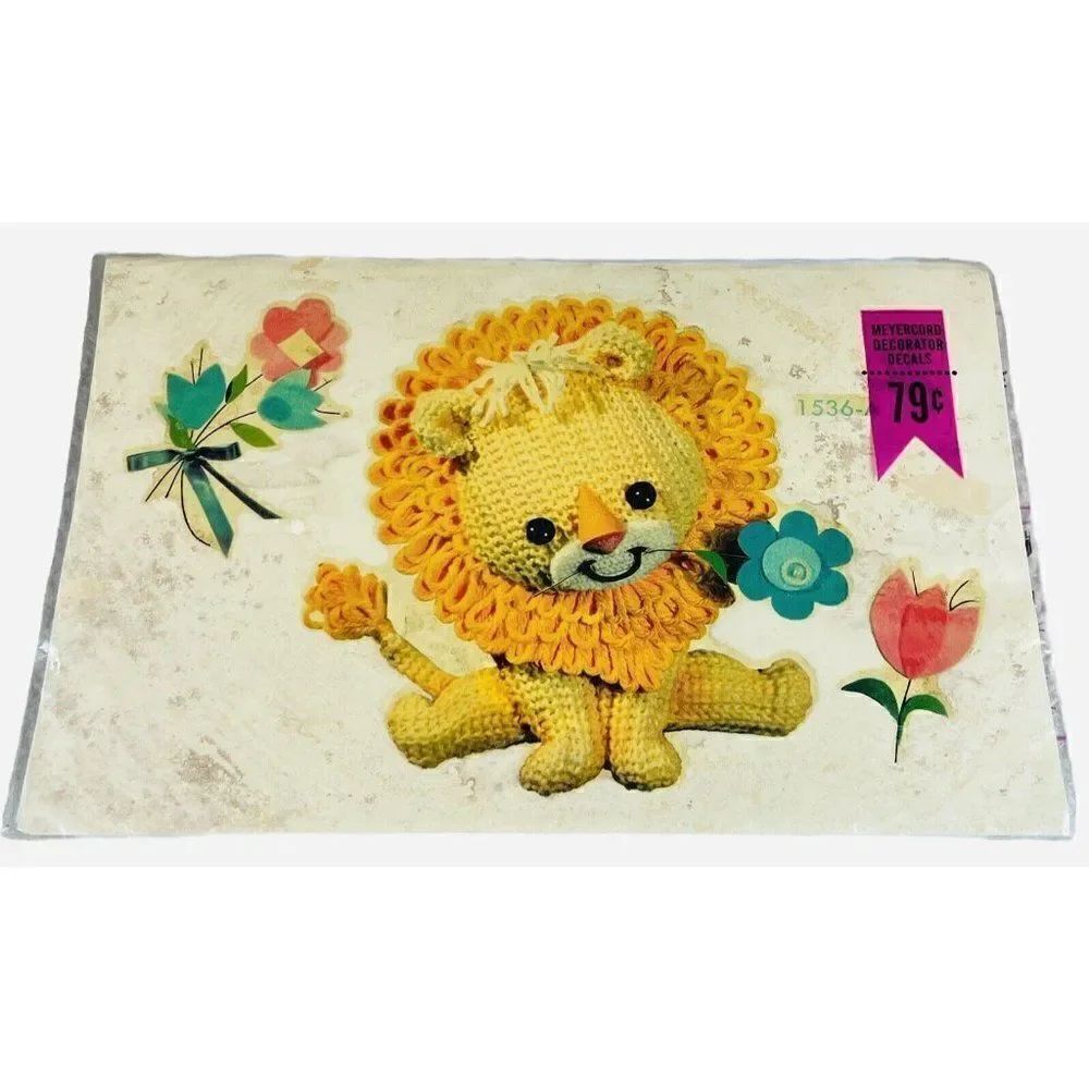 NOS Vintage 1970s Meyercord Decal Crochet Lion Plush Yarn Flowers Kawaii Kitschy